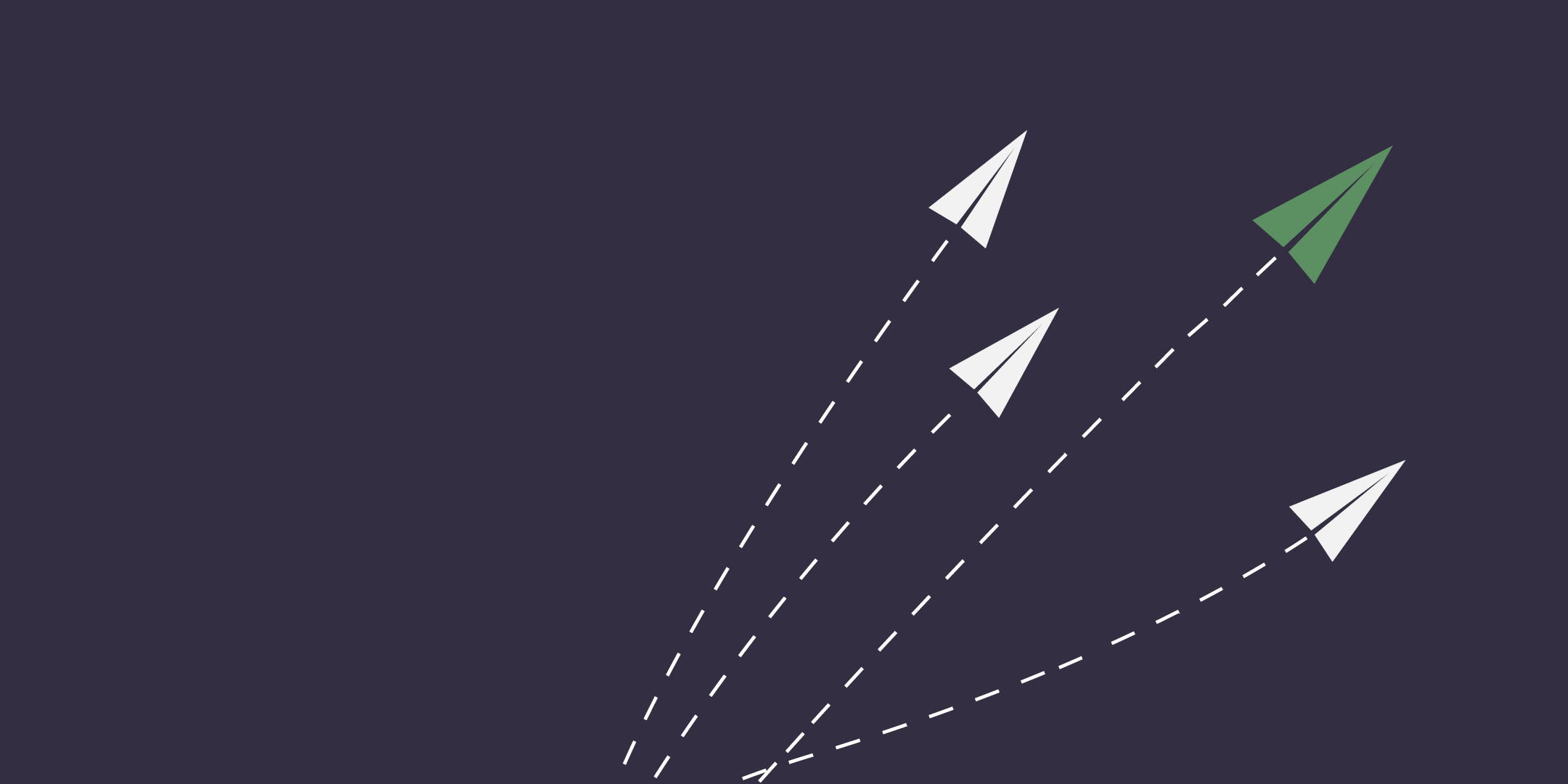 Paper planes against a purple background with a green plane leading the way 